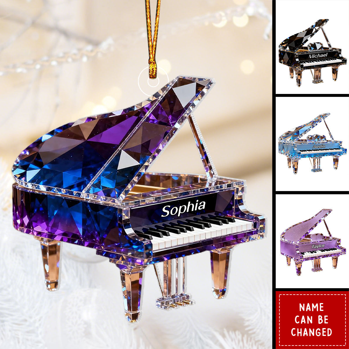 Personalized Crystalline Effect Piano Acrylic Ornament With Name | 3D Effect - Christmas Decor Birthday Gift For Pianist