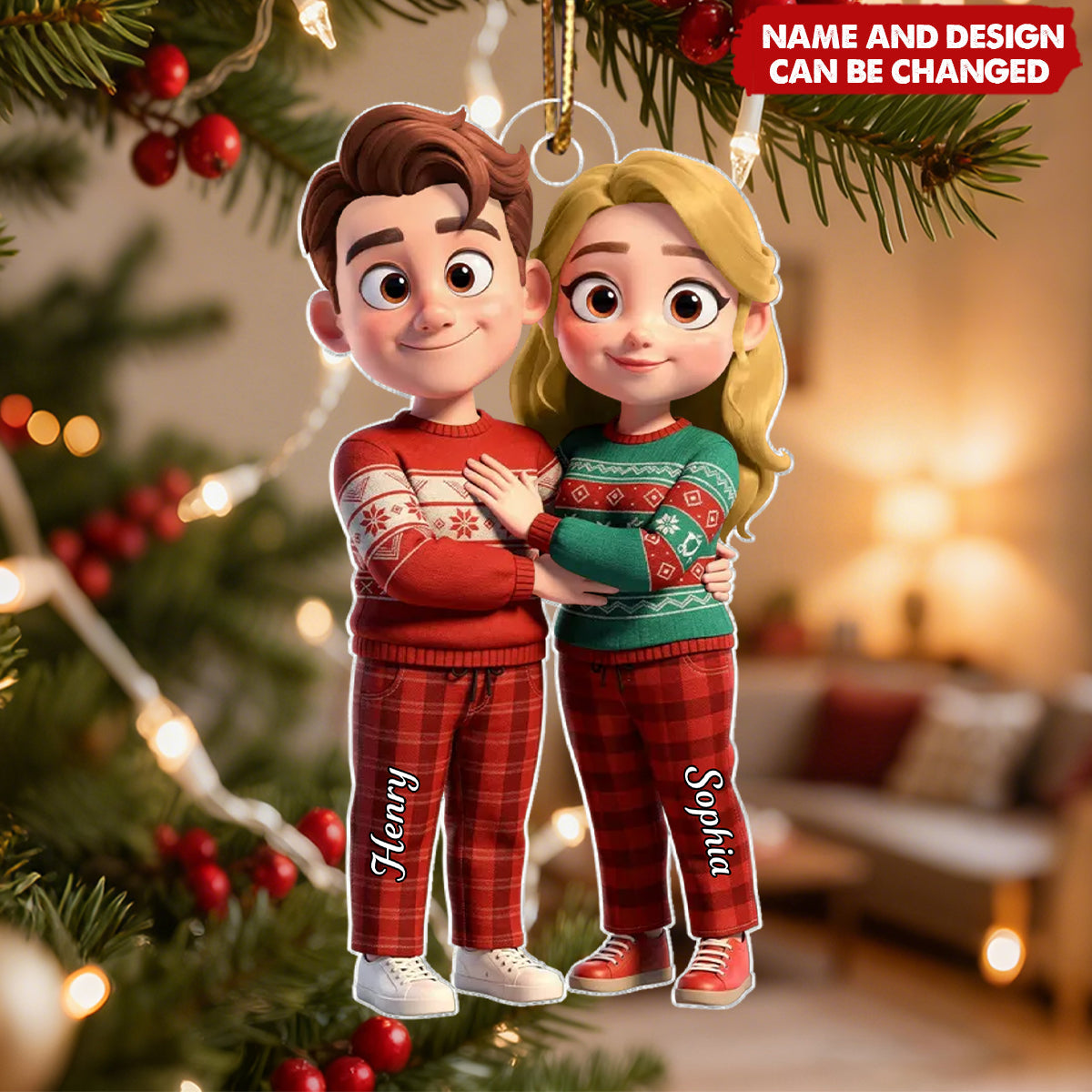 Personalized Cartoon Couple Standing In Christmas Pajamas Acrylic Ornament With Names & Icons - Christmas Tree Decor Gift For Couple