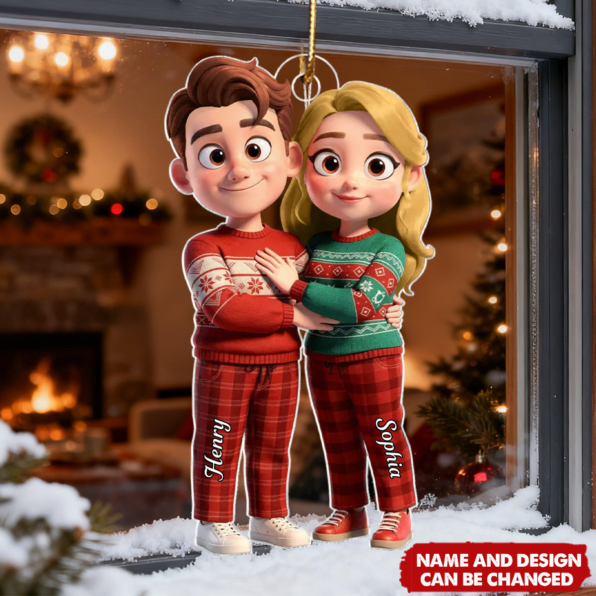 Personalized Cartoon Couple Standing In Christmas Pajamas Acrylic Ornament With Names & Icons - Christmas Tree Decor Gift For Couple