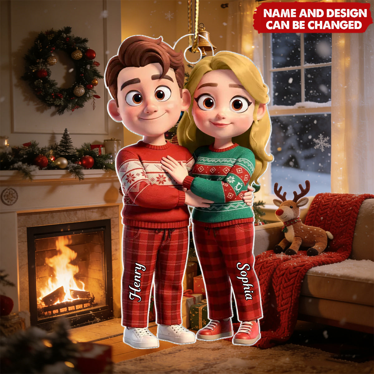 Personalized Cartoon Couple Standing In Christmas Pajamas Acrylic Ornament With Names & Icons - Christmas Tree Decor Gift For Couple