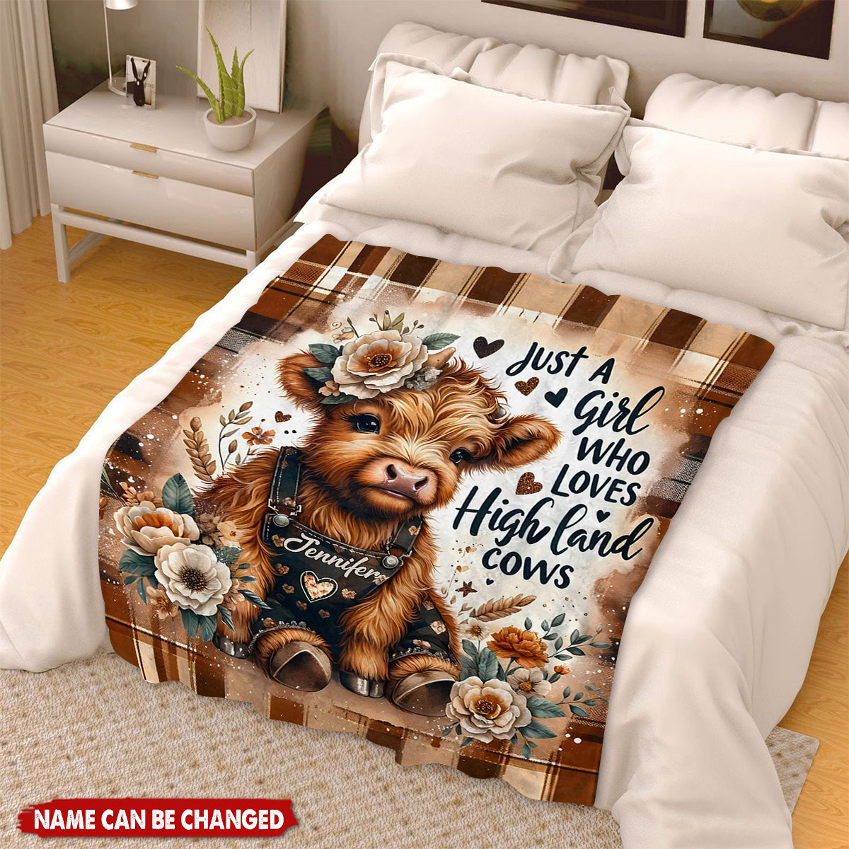Personalized Cute Highland Cow Fleece Blanket With Name - Farmhouse Decor Christmas Biethday Gift For Kids & Teen Girl