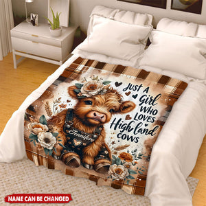 Personalized Cute Highland Cow Fleece Blanket With Name - Farmhouse Decor Christmas Biethday Gift For Kids & Teen Girl