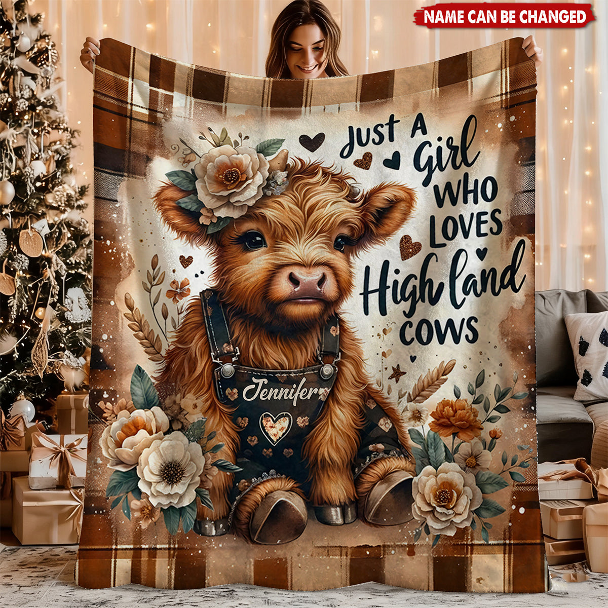 Personalized Cute Highland Cow Fleece Blanket With Name - Farmhouse Decor Christmas Biethday Gift For Kids & Teen Girl