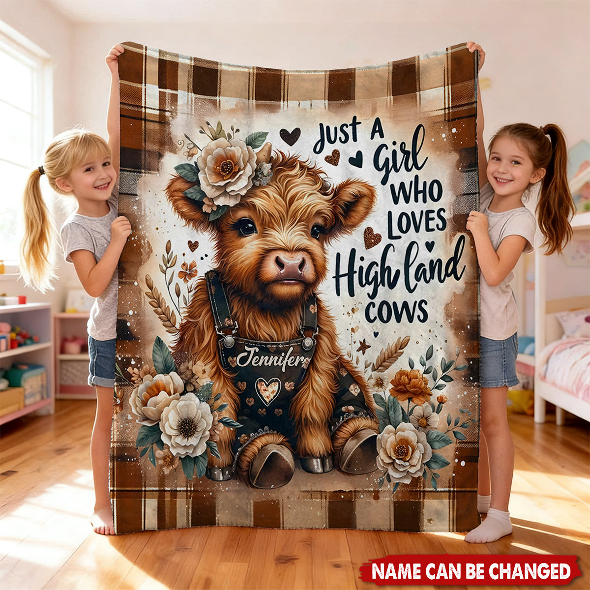 Personalized Cute Highland Cow Fleece Blanket With Name - Farmhouse Decor Christmas Biethday Gift For Kids & Teen Girl