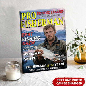 Personalized Magazine Cover Fisherman Poster With Your Photo & Name & Quote & Background & Date | Father's Day Birthday Gift For Dad Grandpa Anglers
