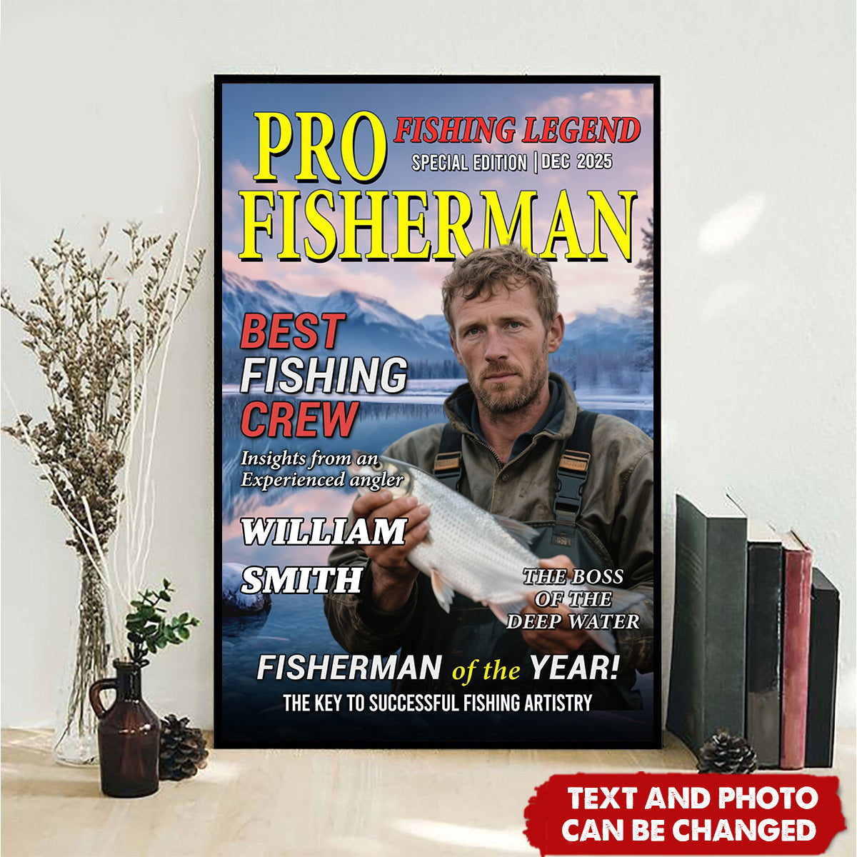 Personalized Magazine Cover Fisherman Poster With Your Photo & Name & Quote & Background & Date | Father's Day Birthday Gift For Dad Grandpa Anglers