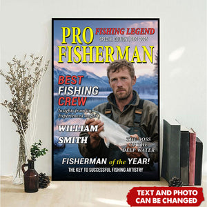 Personalized Magazine Cover Fisherman Poster With Your Photo & Name & Quote & Background & Date | Father's Day Birthday Gift For Dad Grandpa Anglers