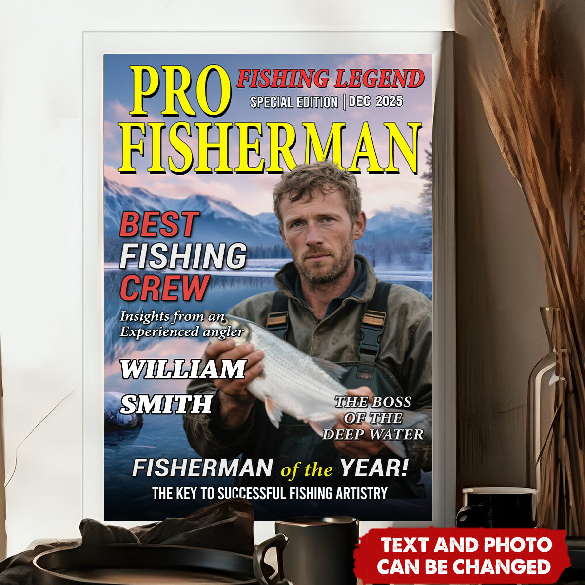 Personalized Magazine Cover Fisherman Poster With Your Photo & Name & Quote & Background & Date | Father's Day Birthday Gift For Dad Grandpa Anglers