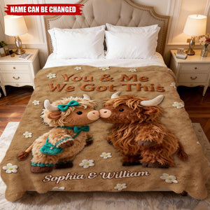 Personalized Highland Cow Blanket With Names & "You & Me We Got This" | Sofa & Office Nap Gift For Couple