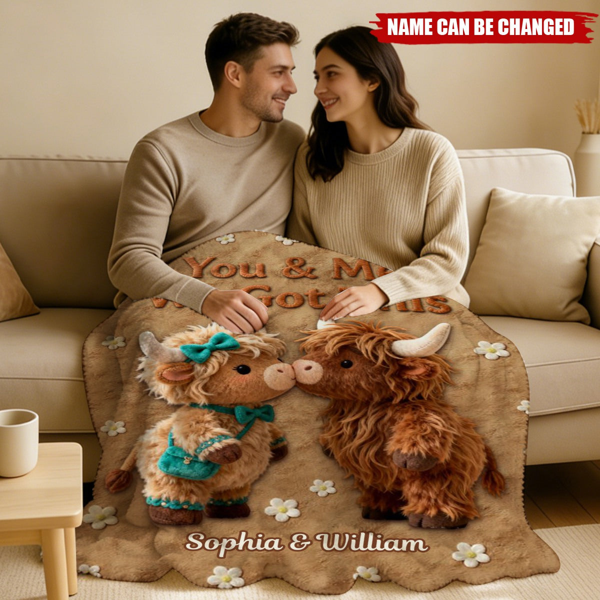 Personalized Highland Cow Blanket With Names & "You & Me We Got This" | Sofa & Office Nap Gift For Couple