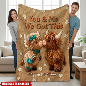 Personalized Highland Cow Blanket With Names & "You & Me We Got This" | Sofa & Office Nap Gift For Couple