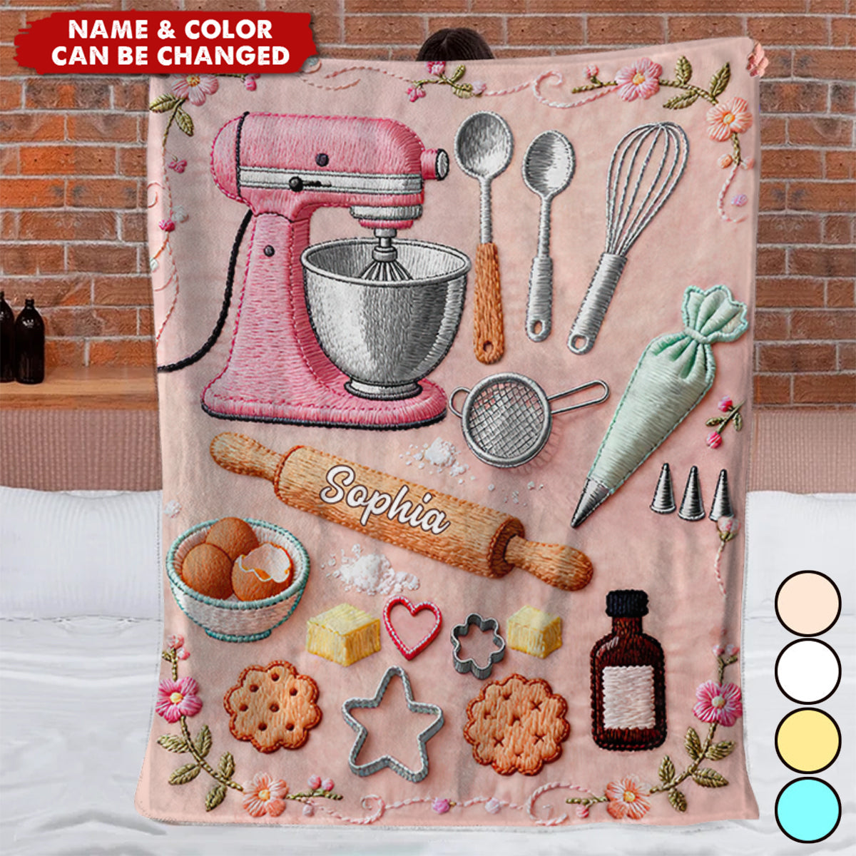 Personalized 3D Embroidery Effect Baking Blanket With Name On Rolling Pin - Mother's Day Unique Baker Gift For Mom & Grandma