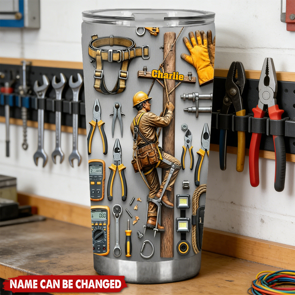 Personalized 3D Effect Lineman Tumbler With Name & Tool Wall Design - Father's Day Gift | Birthday Gift For Powerline Workers