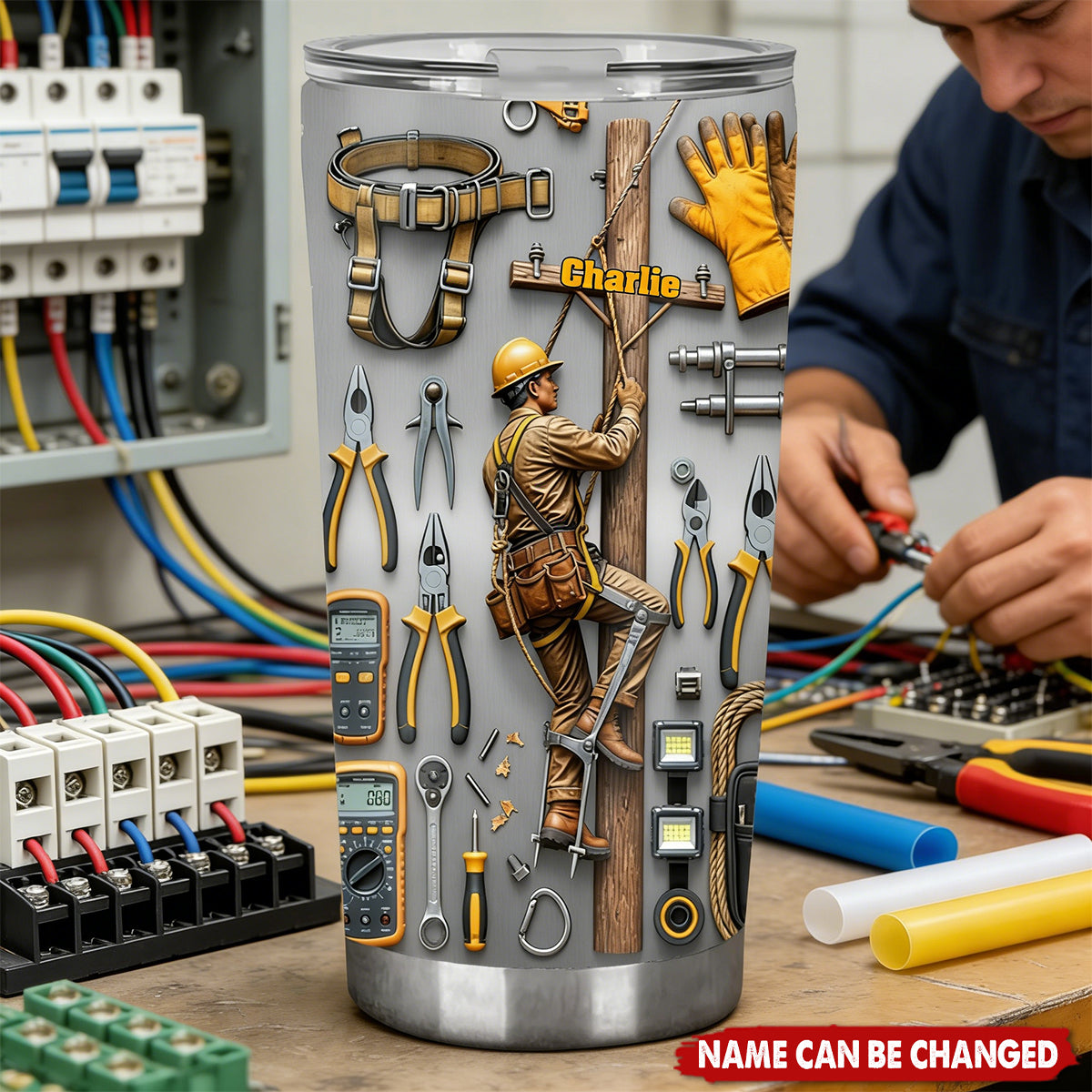Personalized 3D Effect Lineman Tumbler With Name & Tool Wall Design - Father's Day Gift | Birthday Gift For Powerline Workers