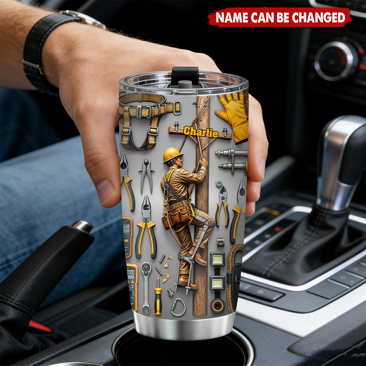 Personalized 3D Effect Lineman Tumbler With Name & Tool Wall Design - Father's Day Gift | Birthday Gift For Powerline Workers