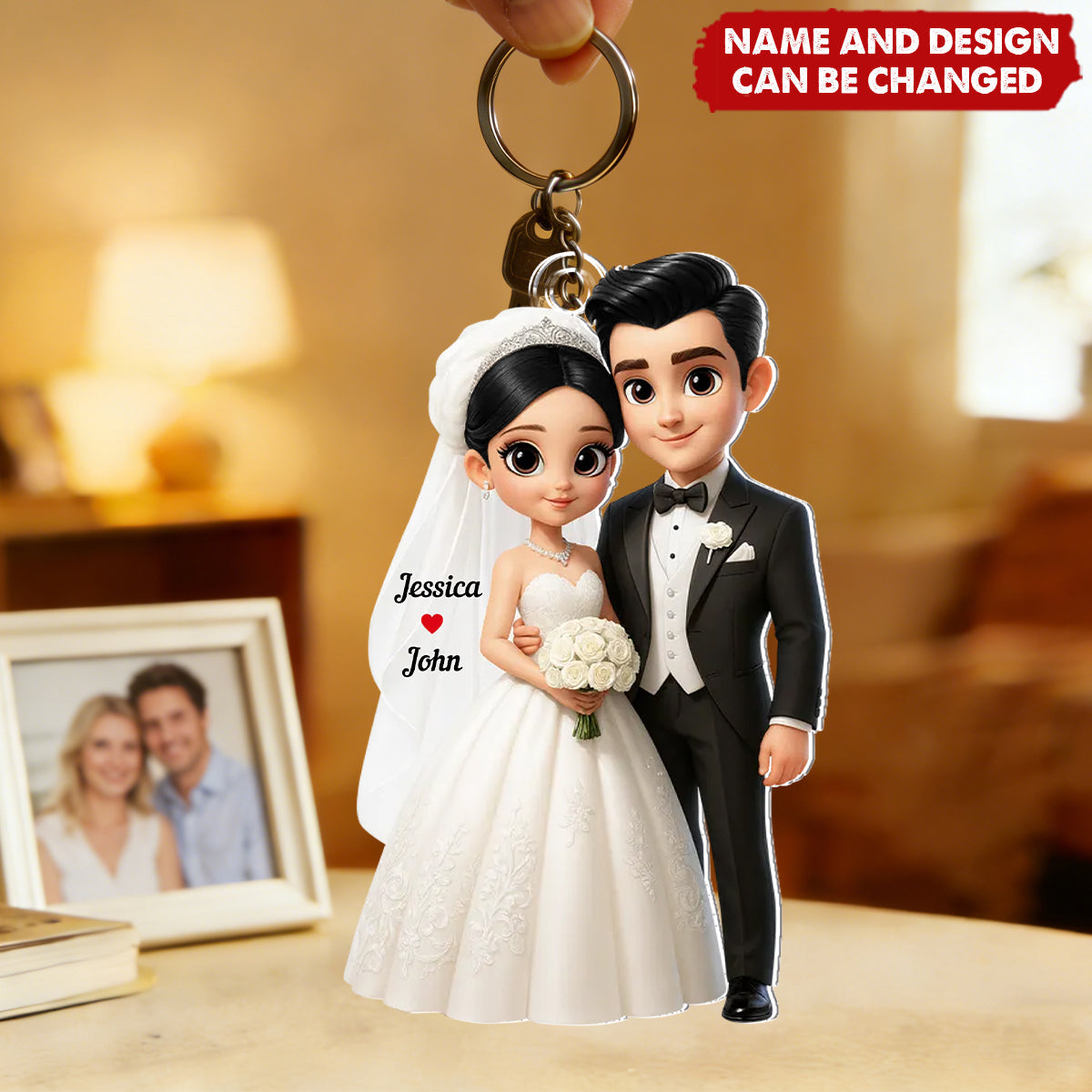 Personalized Whimsical "Just Married" 3D Effect Keychain With Names & Icons - Cute Anniversary Decor Wedding Souvenir For Married Couple
