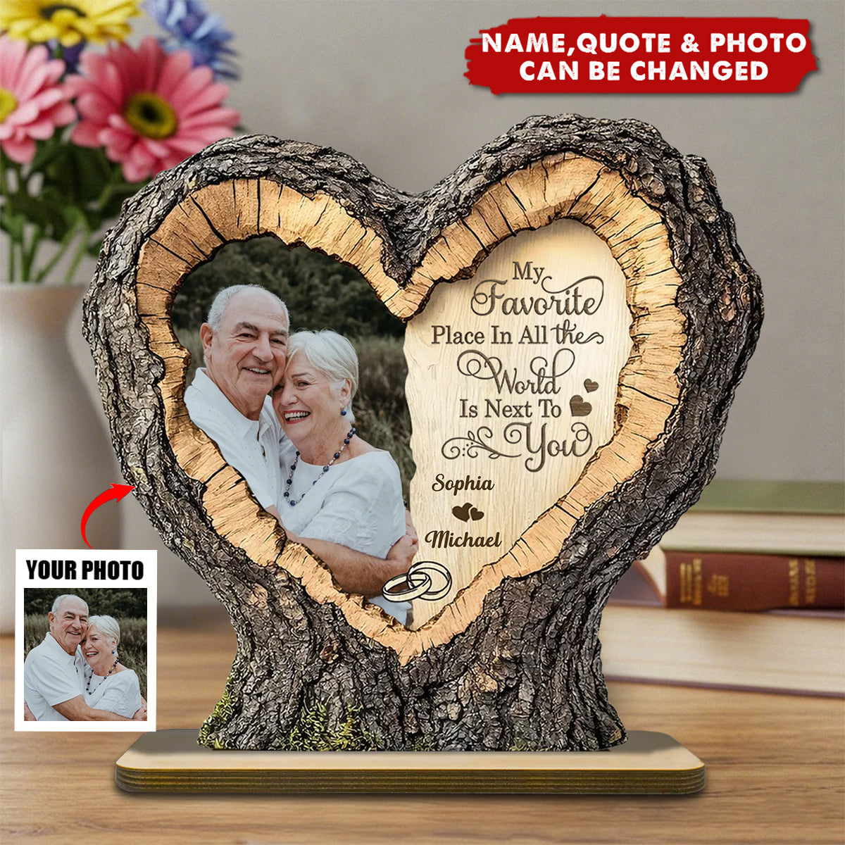 Personalized 2D Flat Wood Plaque With Names & Photo & Quote | Favorite Place Next To You | Anniversary Valentine’s Day Gift For Couples & Soulmates