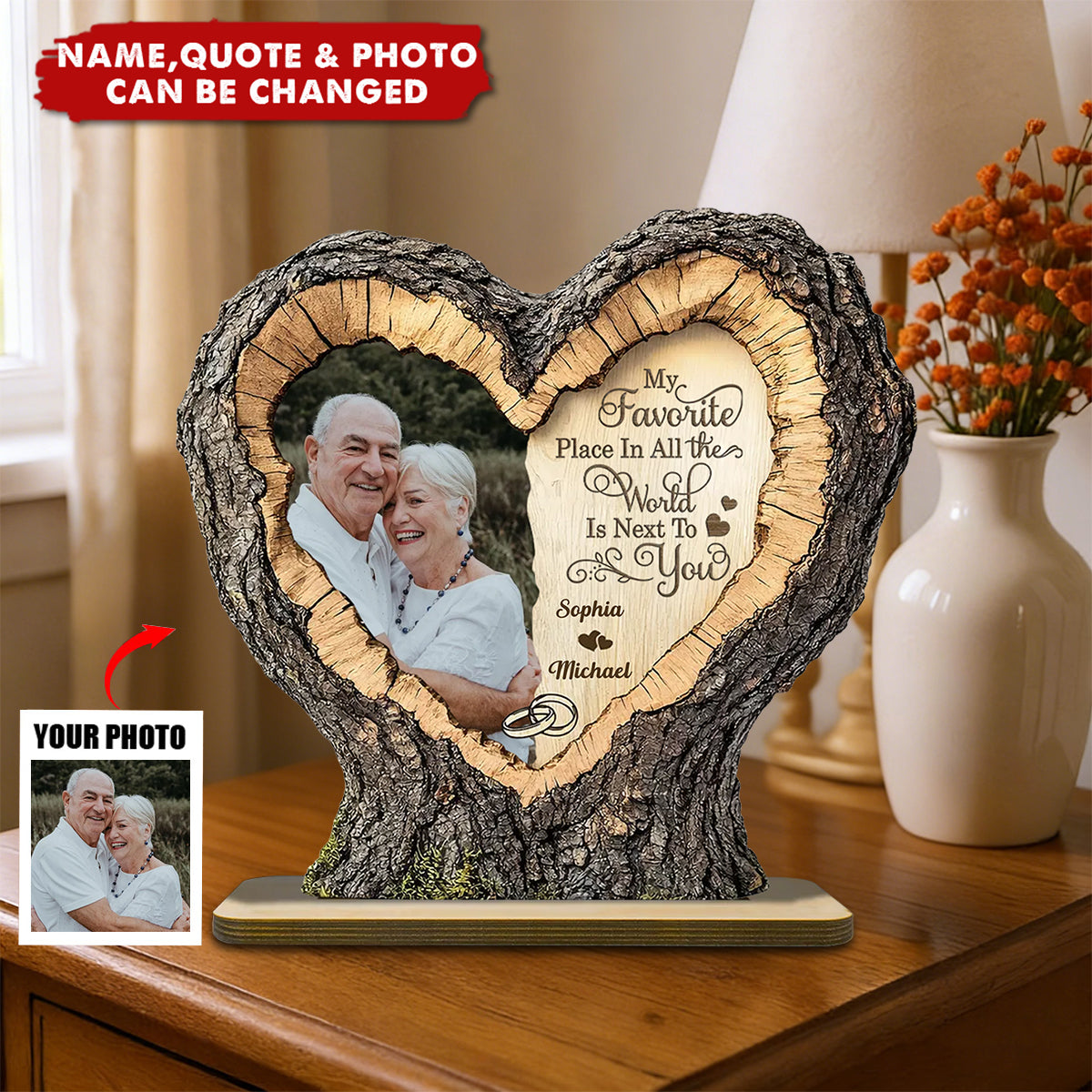 Personalized 2D Flat Wood Plaque With Names & Photo & Quote | Favorite Place Next To You | Anniversary Valentine’s Day Gift For Couples & Soulmates