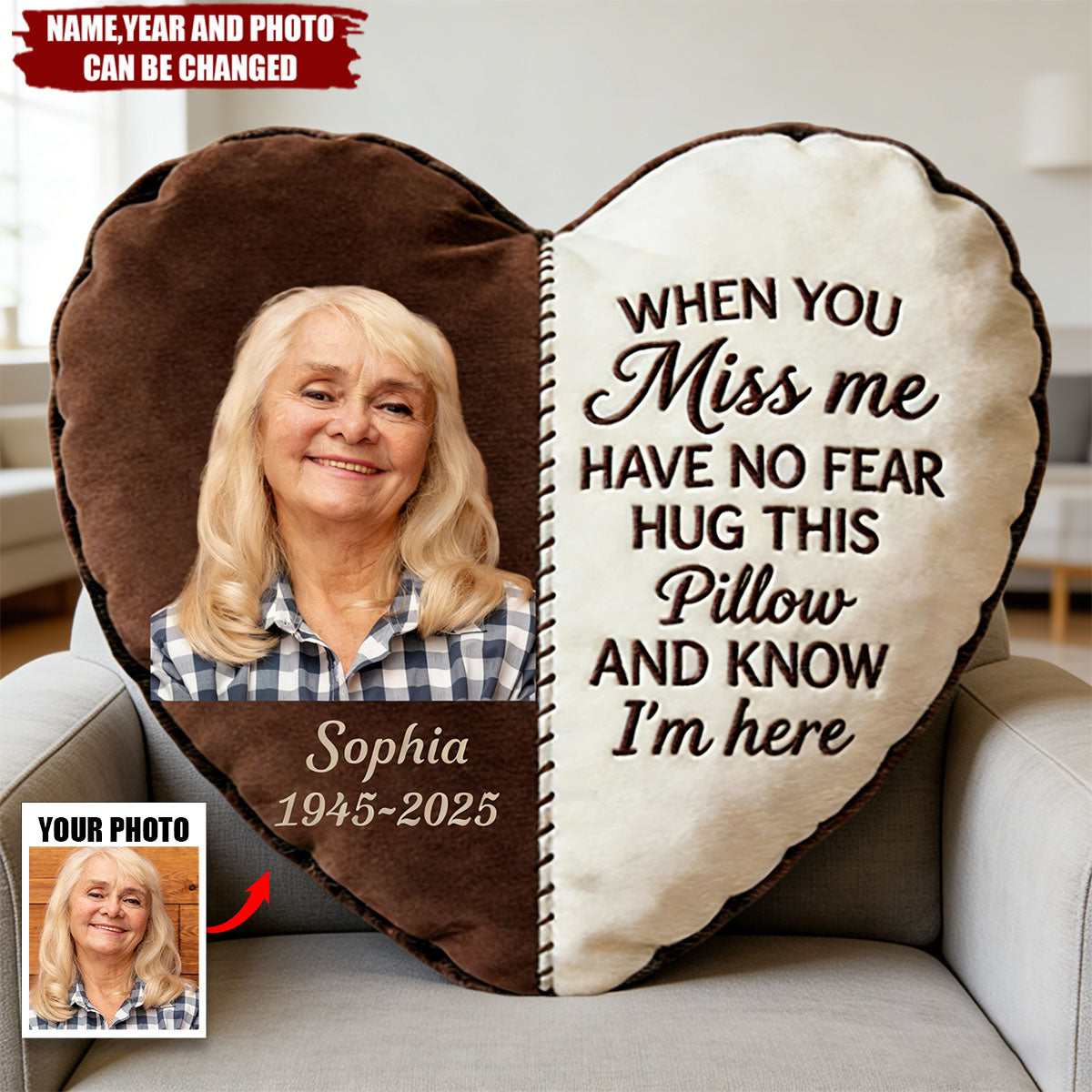 Personalized Faux Fur Heart-Shaped Memorial Pillow With Photo & Name - Sympathy Keepsake Comforting Bereavement Gift For Loss Of Family