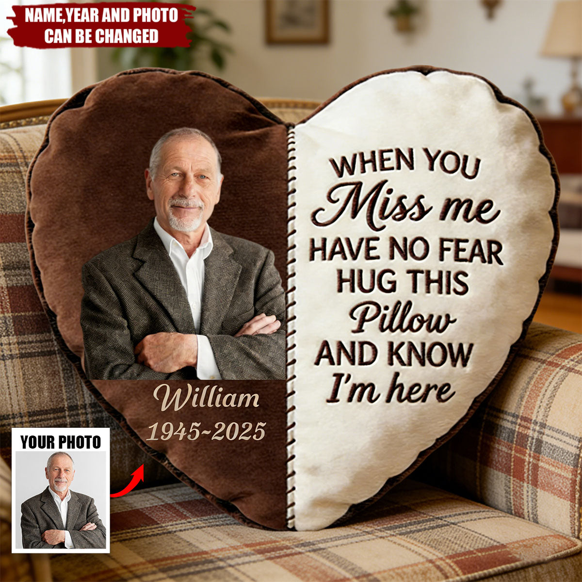 Personalized Faux Fur Heart-Shaped Memorial Pillow With Photo & Name - Sympathy Keepsake Comforting Bereavement Gift For Loss Of Family