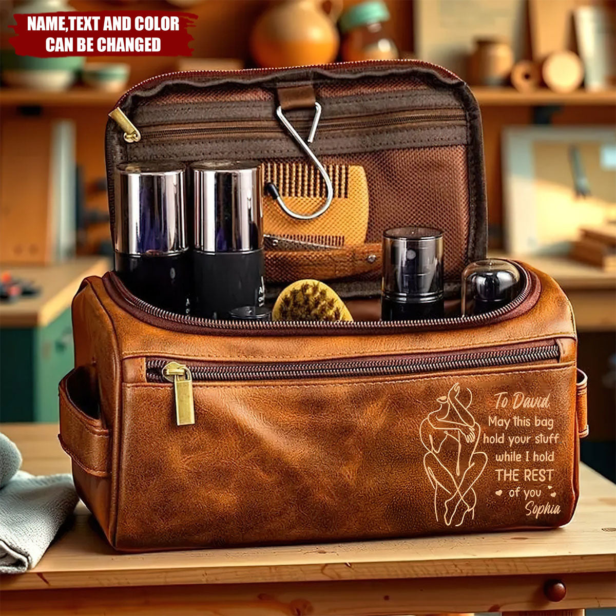Personalized Large Capacity Leather Toiletry Bag With Name & Text - Valentine’s Day Tribute Anniversary Gift For Husband Or Boyfriend