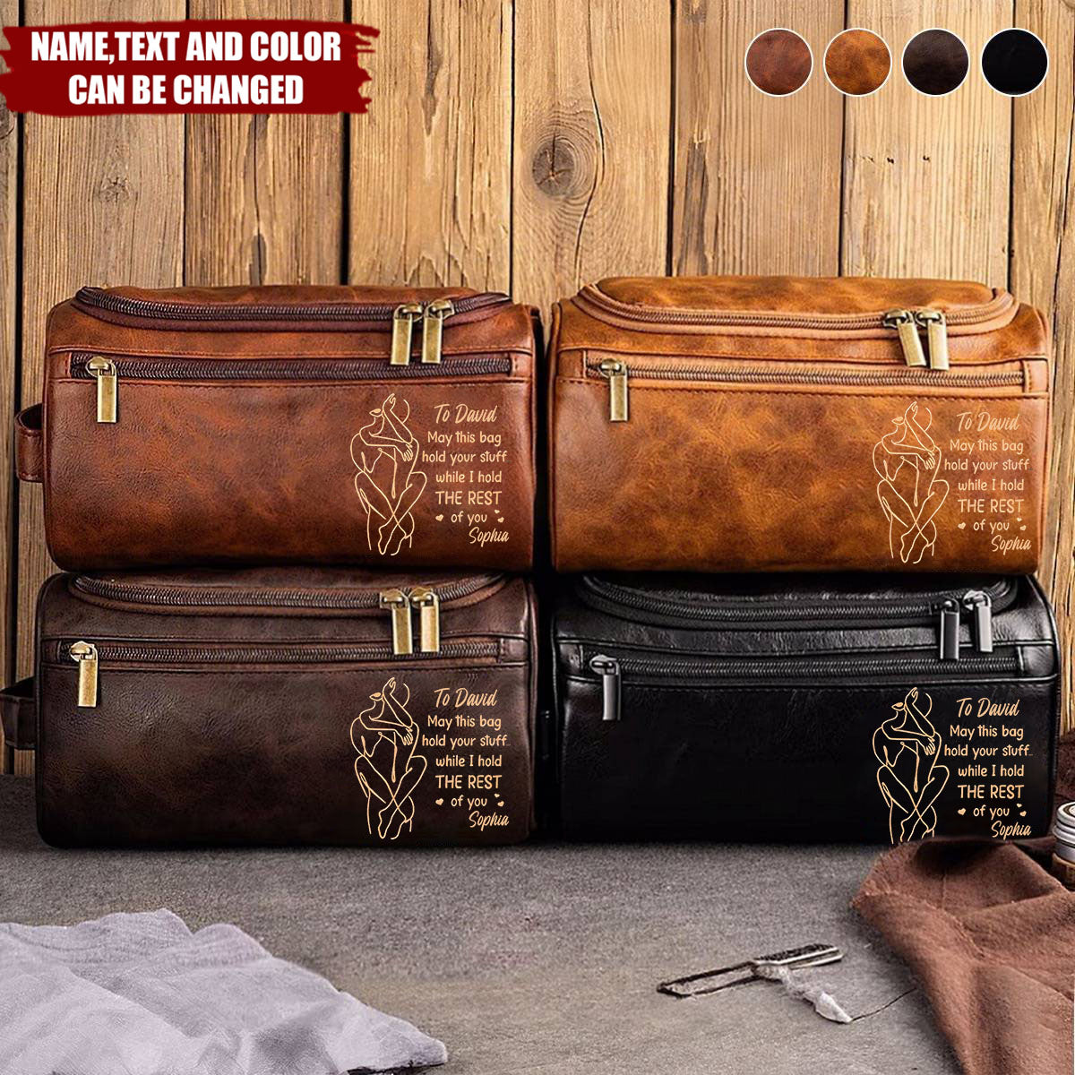 Personalized Large Capacity Leather Toiletry Bag With Name & Text - Valentine’s Day Tribute Anniversary Gift For Husband Or Boyfriend