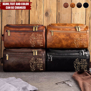 Personalized Large Capacity Leather Toiletry Bag With Name & Text - Valentine’s Day Tribute Anniversary Gift For Husband Or Boyfriend