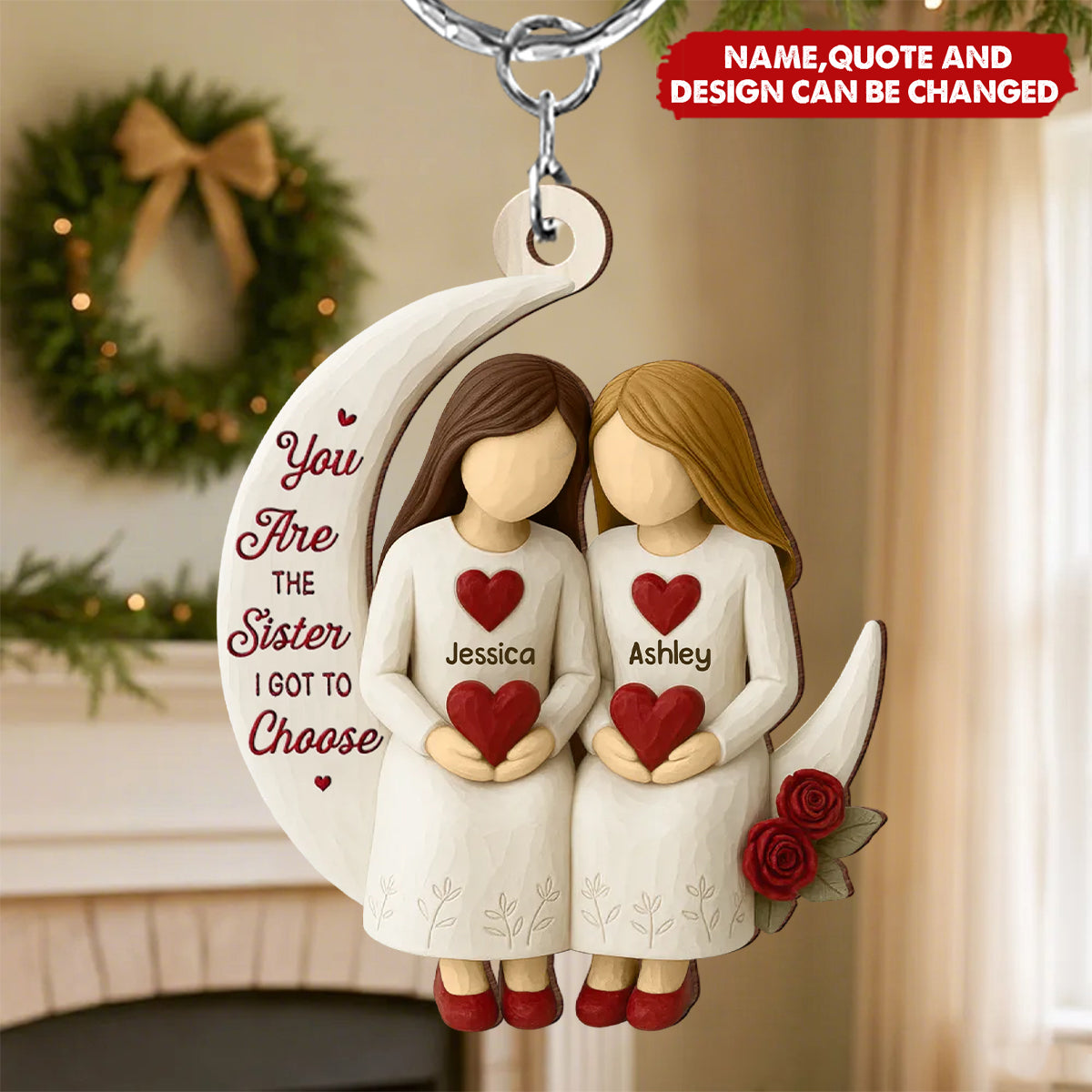 Personalized 3D Effect Wooden Moon Keychain With Names & Quote &  Icons | Unique Soul Sister Friendship Gift For Best Friends Girls