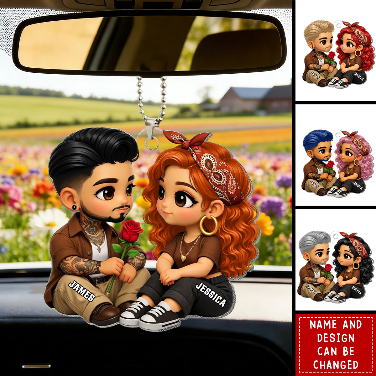 Personalized 3D Effect Chibi Couple Ornament With Names & Icons - "A Rose For You" | Valentine's Day Surprise Anniversary Gift For Couples