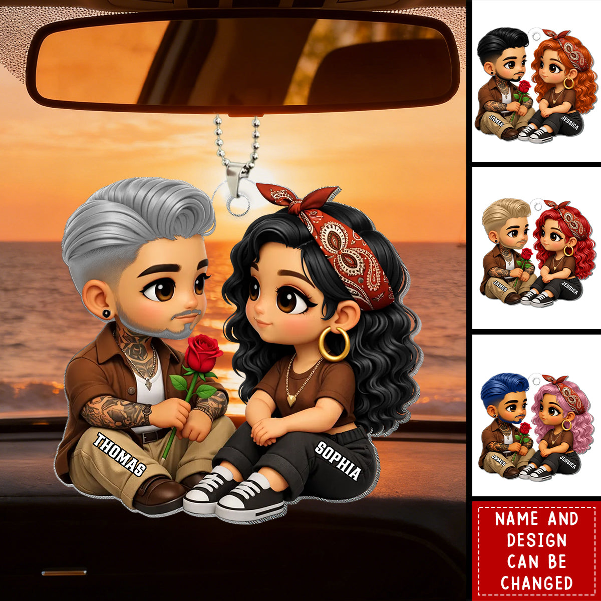 Personalized 3D Effect Chibi Couple Ornament With Names & Icons - "A Rose For You" | Valentine's Day Surprise Anniversary Gift For Couples