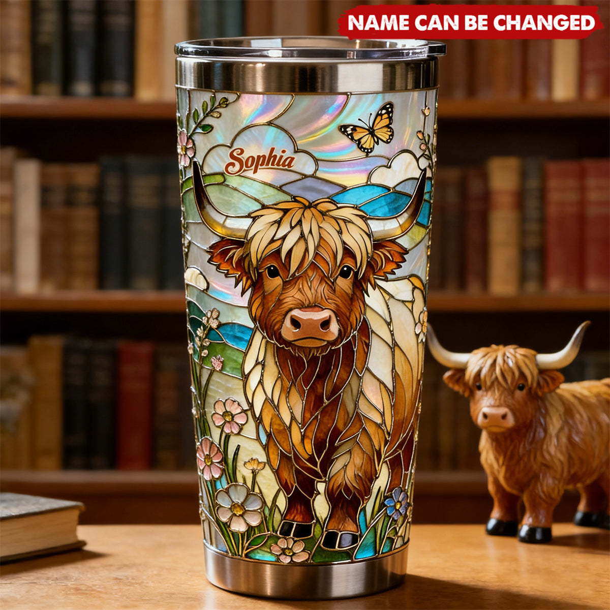 Personalized Iridescent Stained Glass Highland Cow Tumbler With Name & Floral Art - Artistic Birthday Mother's Day Gift For Cow Lovers