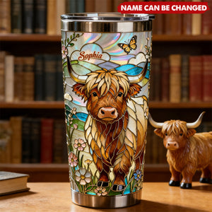 Personalized Iridescent Stained Glass Highland Cow Tumbler With Name & Floral Art - Artistic Birthday Mother's Day Gift For Cow Lovers