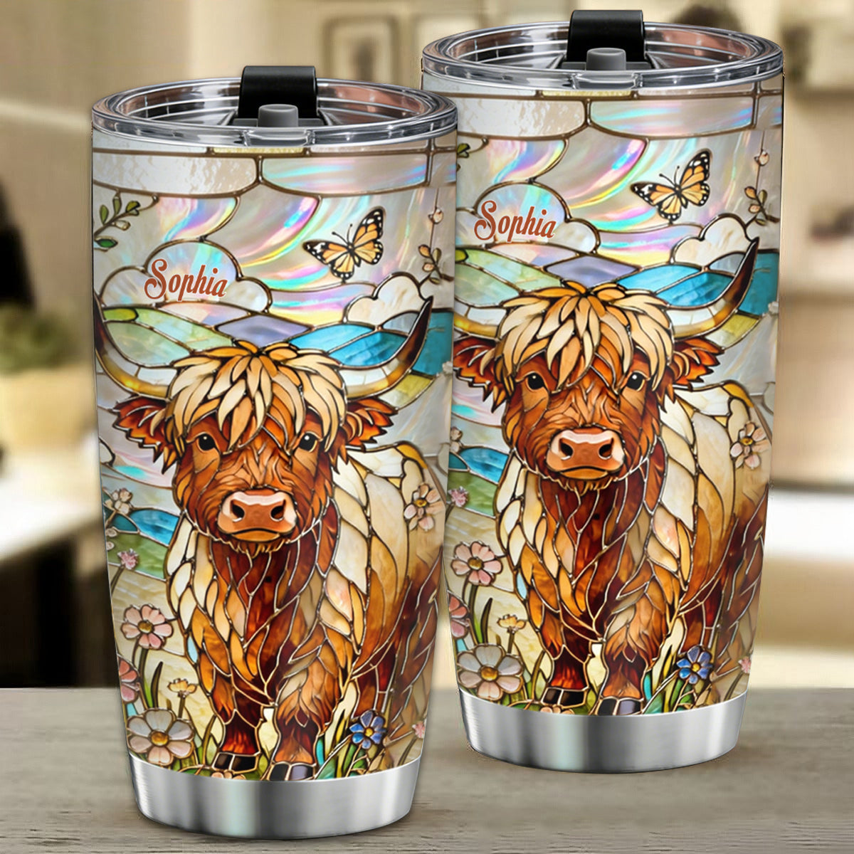 Personalized Iridescent Stained Glass Highland Cow Tumbler With Name & Floral Art - Artistic Birthday Mother's Day Gift For Cow Lovers