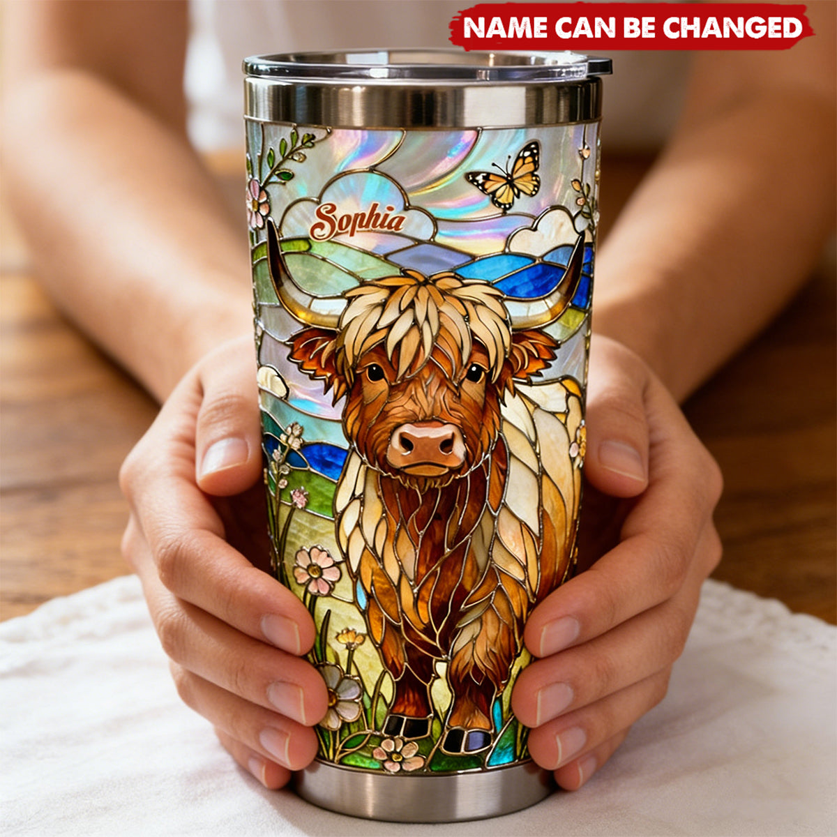 Personalized Iridescent Stained Glass Highland Cow Tumbler With Name & Floral Art - Artistic Birthday Mother's Day Gift For Cow Lovers