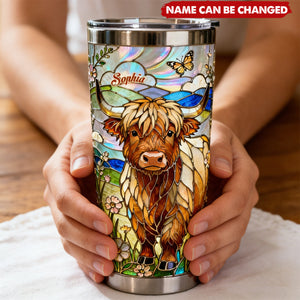 Personalized Iridescent Stained Glass Highland Cow Tumbler With Name & Floral Art - Artistic Birthday Mother's Day Gift For Cow Lovers