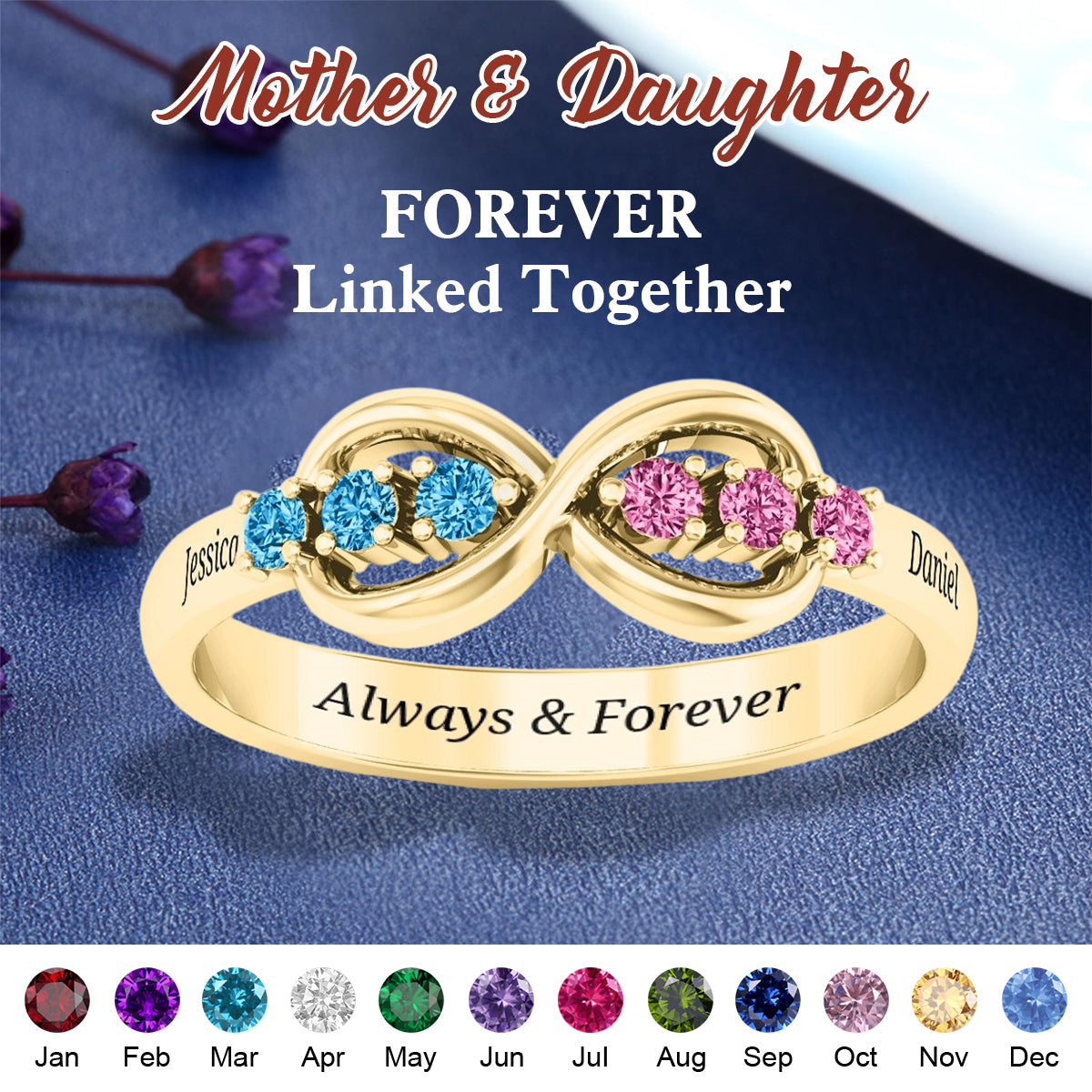 Personalized Infinity Birthstone Ring - Custom Jewelry for Women for Her For Mom Grandma