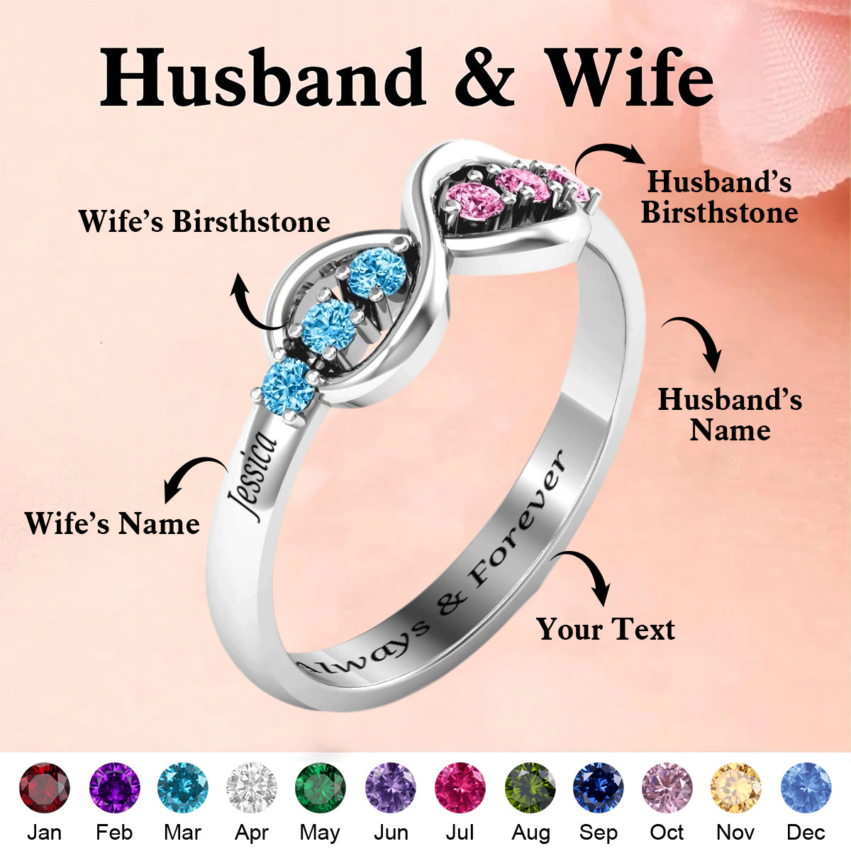 Personalized Infinity Birthstone Ring - Custom Jewelry for Women for Her For Mom Grandma