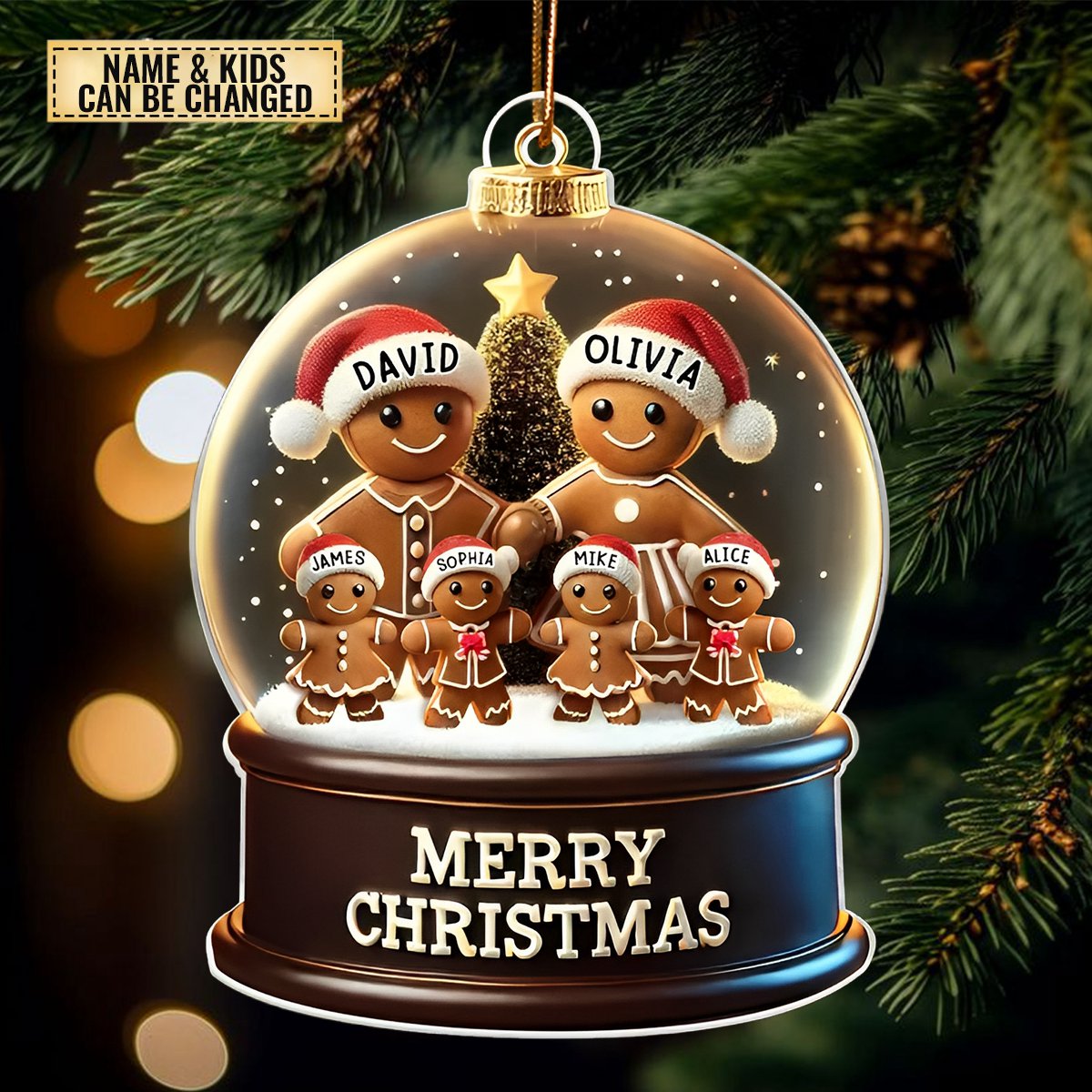 Gingerbread Family In Snow Globe Personalized Ornament - Name & Kids Customized |Christmas "Home" Keepsake Gift
