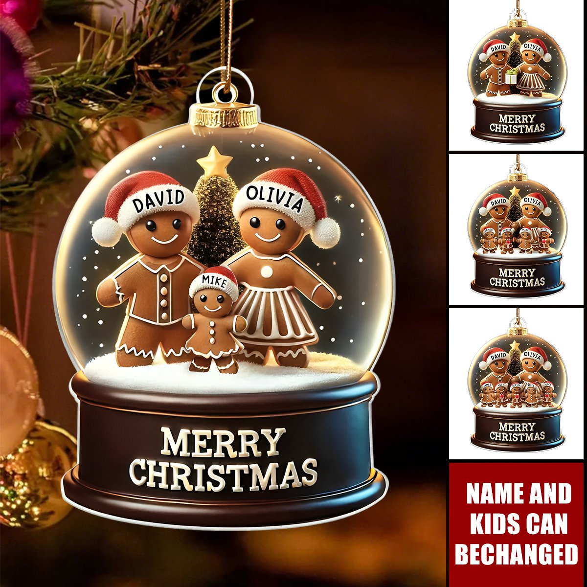 Gingerbread Family In Snow Globe Personalized Ornament - Name & Kids Customized |Christmas "Home" Keepsake Gift