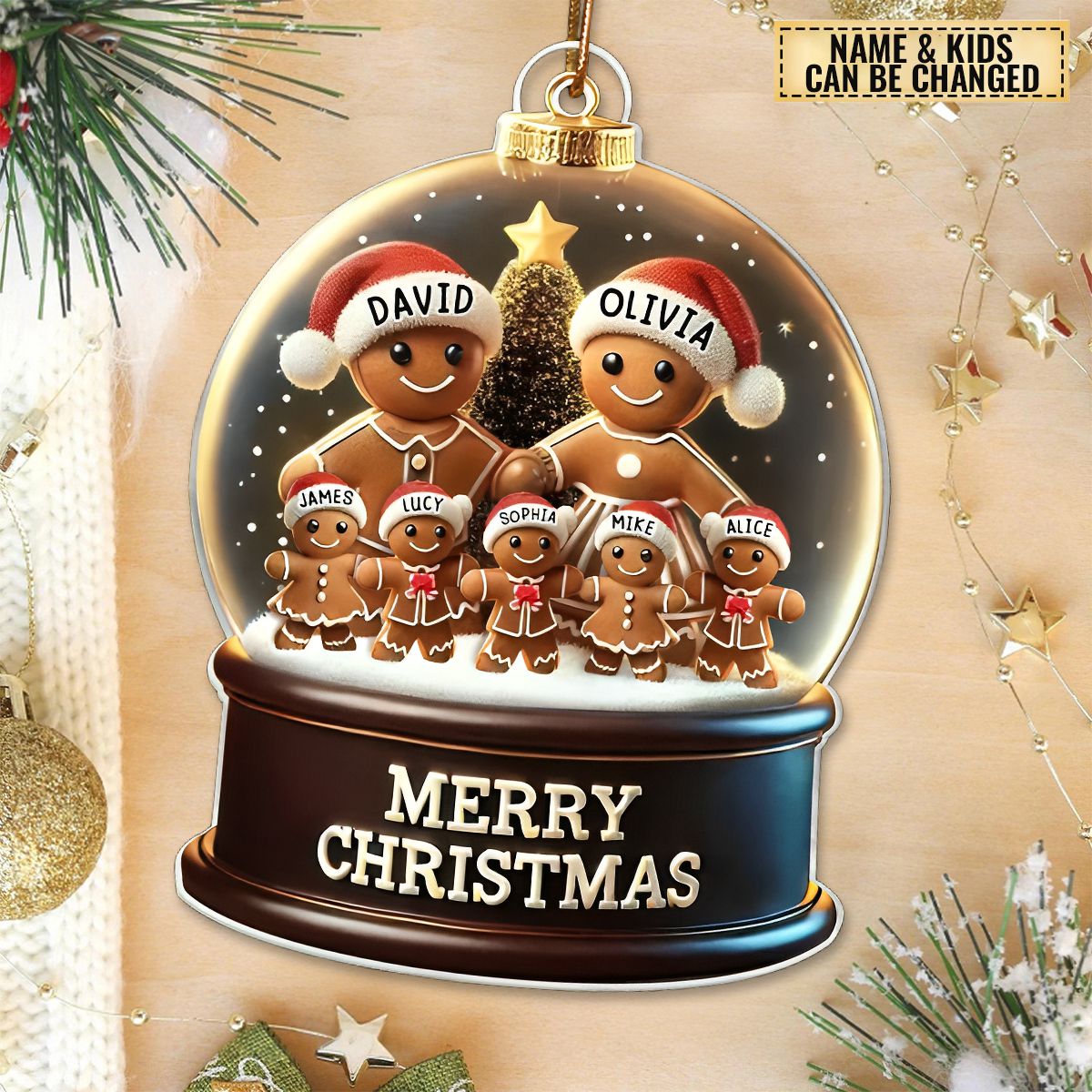 Gingerbread Family In Snow Globe Personalized Ornament - Name & Kids Customized |Christmas "Home" Keepsake Gift