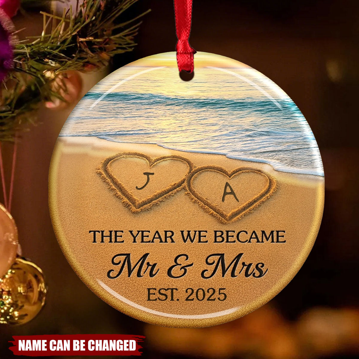 "Mr & Mrs" Personalized Christmas Ornament -Custom Name Ceramic | Beach Anniversary & Wedding Gift For Newlyweds & Couple