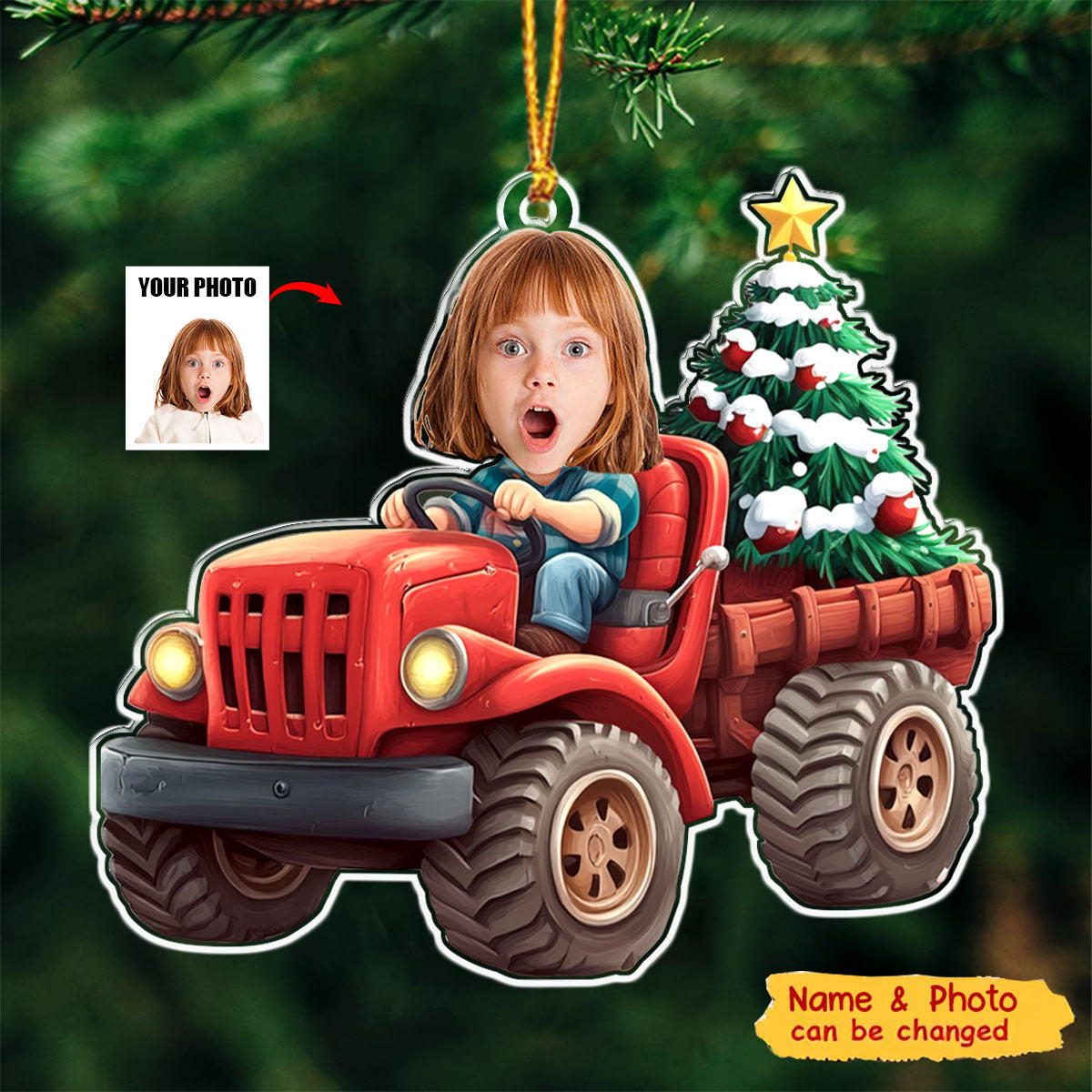 Personalized Kids Christmas Ornament With Name & Photo of Children in Red Truck | Warm Family Holiday Gifts For Family