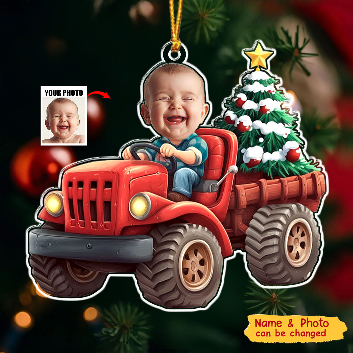 Personalized Kids Christmas Ornament With Name & Photo of Children in Red Truck | Warm Family Holiday Gifts For Family