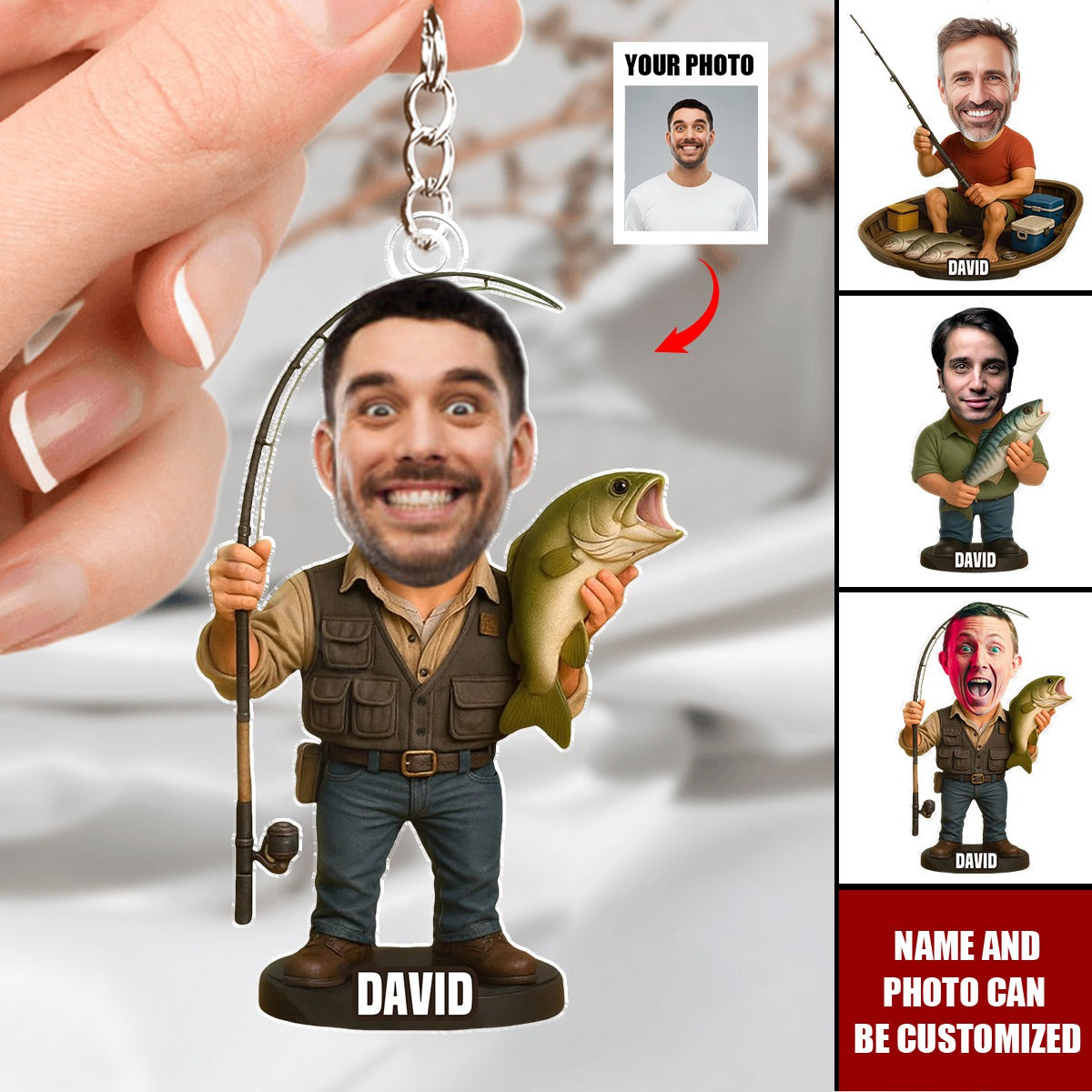 Personalized Fisherman Keychain With Photo and Name,Funny Acrylic Fishing Gift for Dad Grandpa Friend