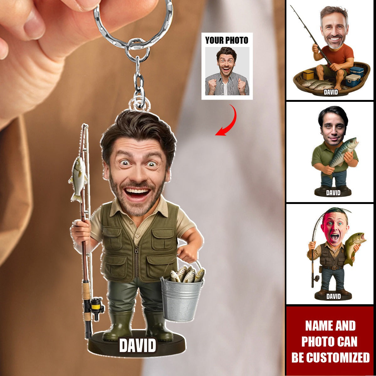 Personalized Fisherman Keychain With Photo and Name,Funny Acrylic Fishing Gift for Dad Grandpa Friend