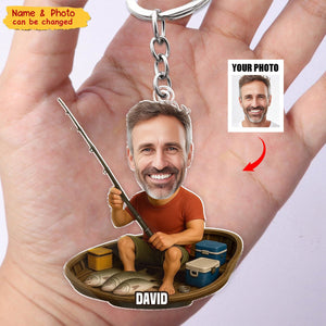 Personalized Fisherman Keychain With Photo and Name,Funny Acrylic Fishing Gift for Dad,Grandpa,Friend