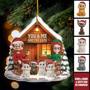Personalized "You & Me and The Cats" Cabin Ornament With Names and 1-4 Cats Portraits | Cute Christmas Gifts For Cat Lovers & Pet Parents