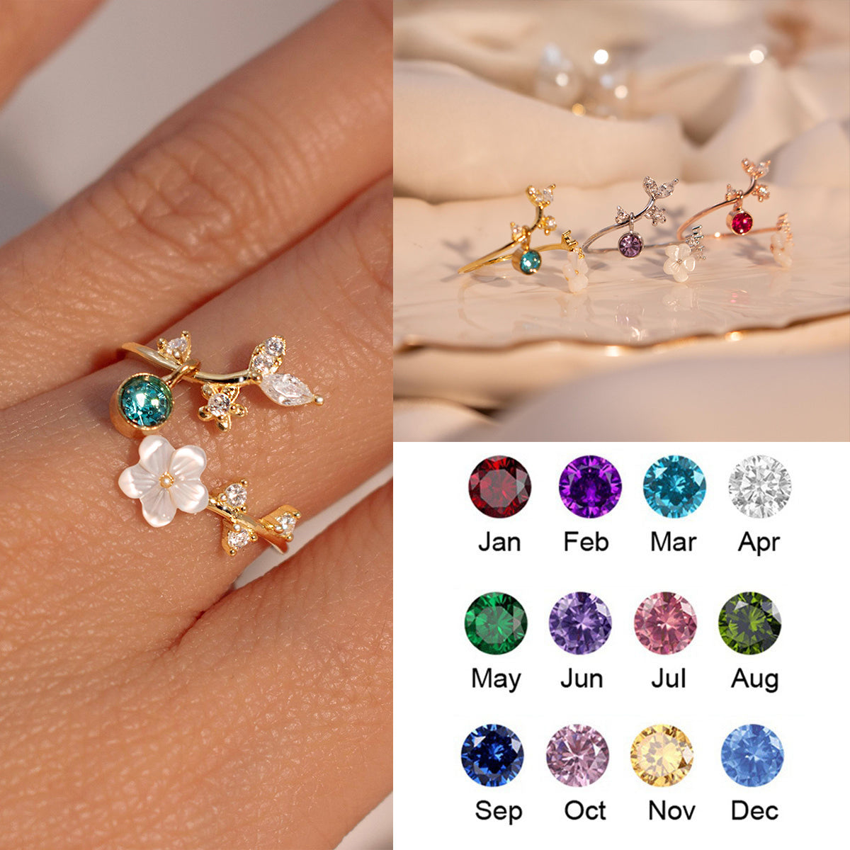 Personalized Pearl Sakura Adjustable Flower Ring With Birthstone Design - Birthday Valentine's Day Gift For Her & Jewelry Lovers