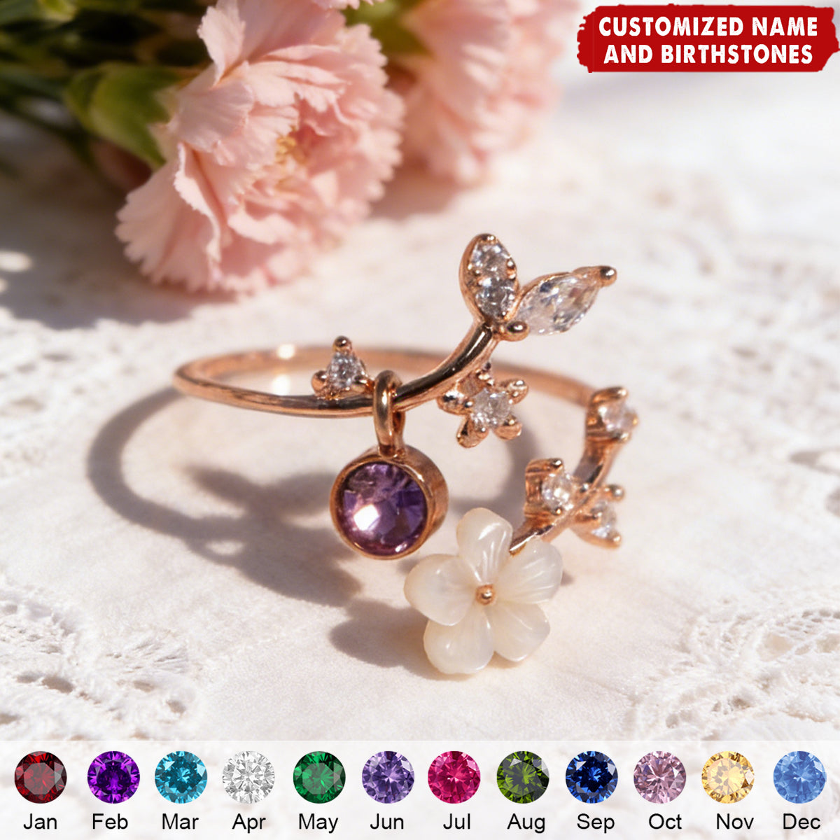 Personalized Pearl Sakura Adjustable Flower Ring With Birthstone Design - Birthday Valentine's Day Gift For Her & Jewelry Lovers