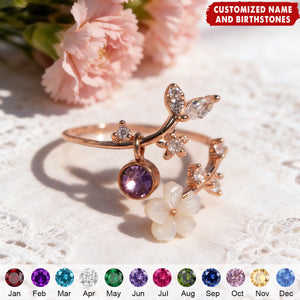 Personalized Pearl Sakura Adjustable Flower Ring With Birthstone Design - Birthday Valentine's Day Gift For Her & Jewelry Lovers